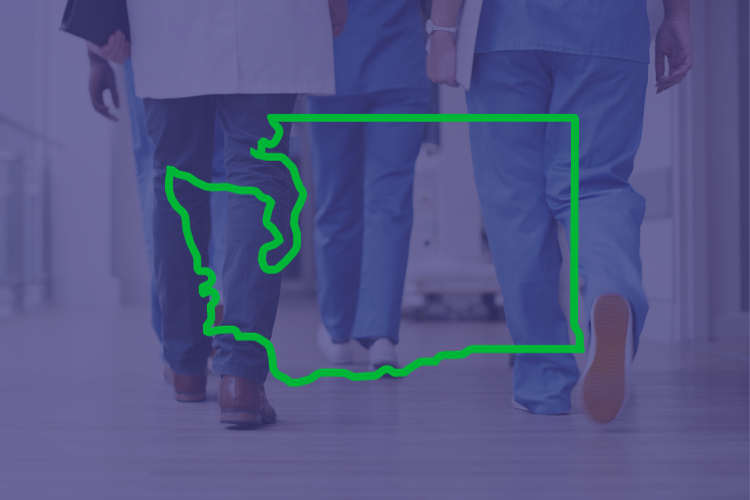 Outline of Washington state over a photo of doctors walking