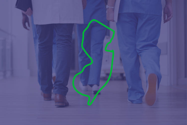 New Jersey outline over a photo of doctors walking
