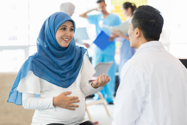 Pregnant patient talking with physician