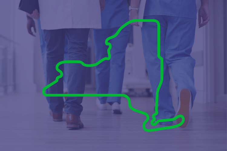 Doctors walking in a hospital with the outline of New York state overlayed