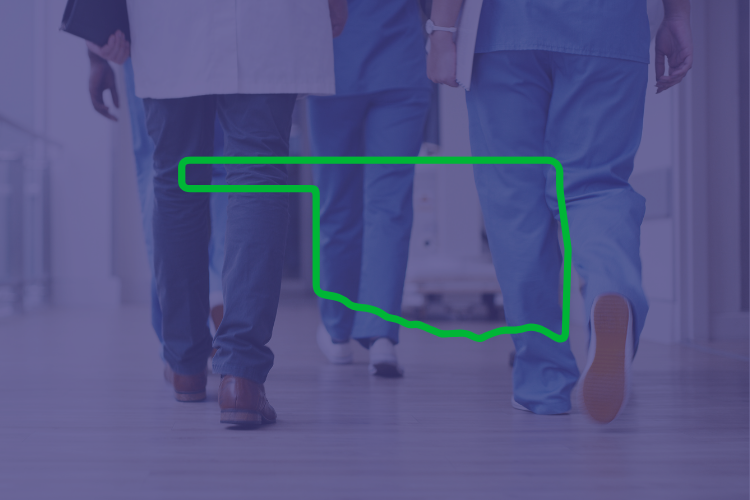 Image of doctors walking with Oklahoma outline overlayed