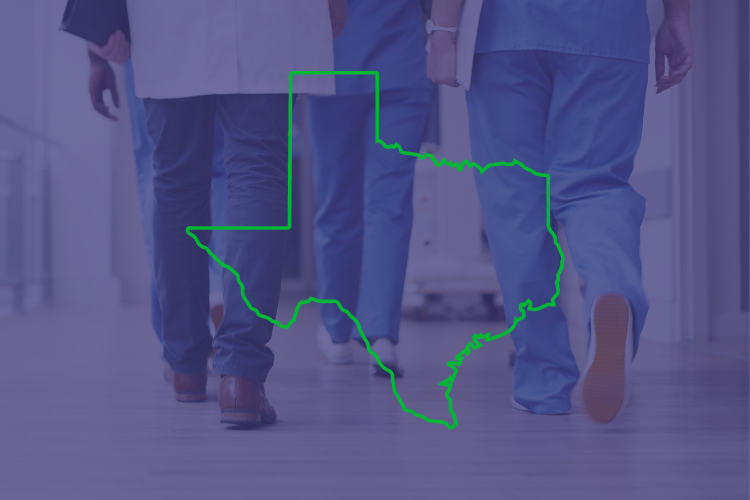 Image of doctors walking with the outline of Texas overlayed