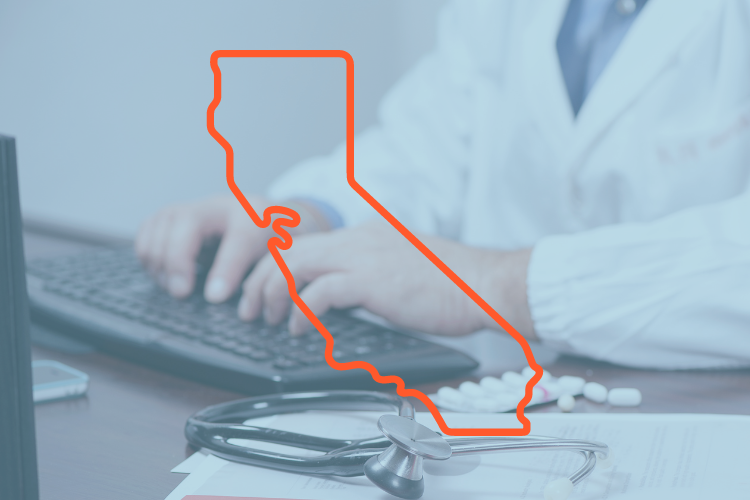 doctor on computer with overlay of outline of california