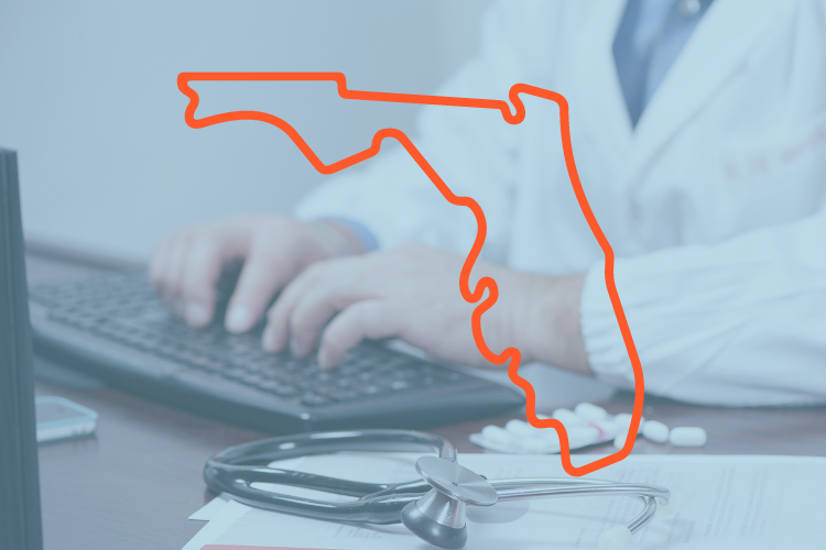 doctor typing on a computer with outline of florida overlayed