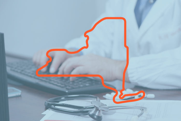 doctor at a computer with overlay of new york state