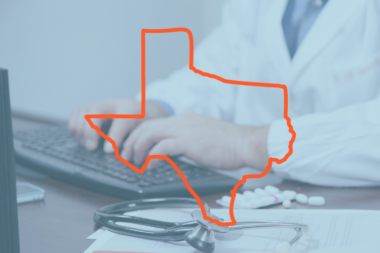 doctor working at a computer with overlay of texas outline