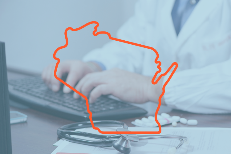 Person typing on computer with overlay of Wisconsin outline